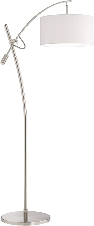 Possini Euro Design Modern Standing Arc Floor Lamp Adjustable Boom Arm 69" Tall Brushed Nickel Off White Linen Fabric Drum Shade Decor for Living Room Reading House Bedroom Home