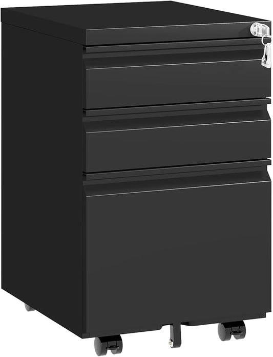 3 Drawer Metal File Cabinet with Lock, Fully Assembled Rolling Filing Cabinet for Home Office, Mobile Under Desk Storage with Wheels, Fits Letter/Legal/A4 Files (Black)