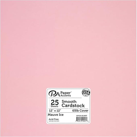 PA Paper Accents Smooth Cardstock 12" x 12" Mauve Ice, 65lb colored cardstock paper for card making, scrapbooking, printing, quilling and crafts, 25 piece pack
