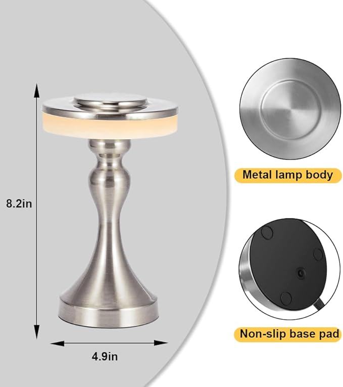 Portable Metal LED Table Lamp,Cordless Battery Table Lamp,3 Color Touch Control Rechargeable Desk Lamp,3-Levels Brightness Bedside Battery Lamp,Night Light