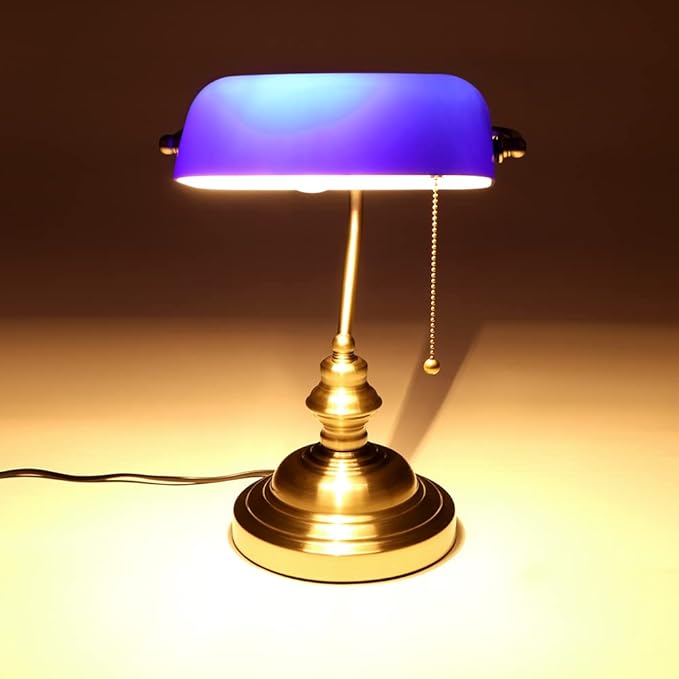 FIRVRE Blue Glass Bankers Desk Lamp Bright Executive Table Lamp Bronze Finish Basis with Pull Chain Switch E26 for Bedroom Bedside Home Office Student Dorm Library Piano