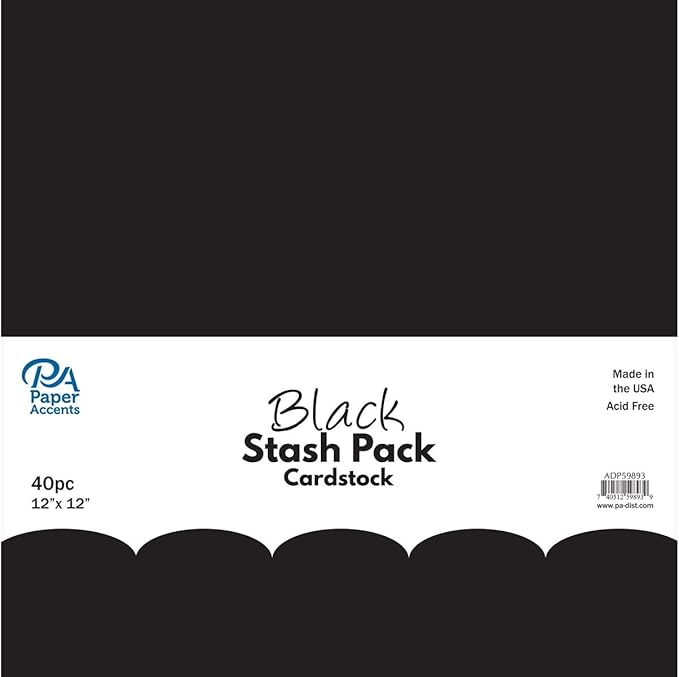 PA Paper Accents Stash Pack Cardstock Pack 12" x 12" Black colored cardstock paper for card making, scrapbooking, printing, quilling and crafts, 65lb., 40 pieces