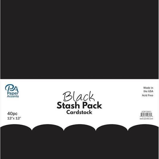 PA Paper Accents Stash Pack Cardstock Pack 12" x 12" Black colored cardstock paper for card making, scrapbooking, printing, quilling and crafts, 65lb., 40 pieces