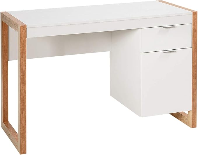 Tangkula Wooden Home Office Desk with Drawer & Cabinet, PC Laptop Workstation Study Writing Desk, Ideal for Bedroom Home Office (White & Natural)