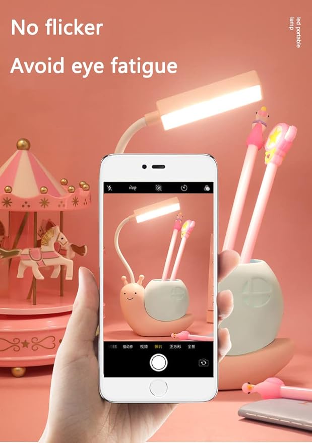Cute Kids Lamp with Pen Holder,LED Desk Lamp for Child,Snail Shape USB Charging Student Learning Eye Protection Lamp with 360° Bendable Adjustable Neck Yellow