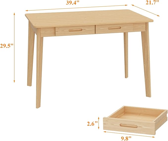 40 Inch Compact Computer Gaming Desk, Study Work Office Desk with 2 Storage Drawers, Rectangular Study Reading Table, Simple Computer Writing Table for Home Office, Living Room, Natural