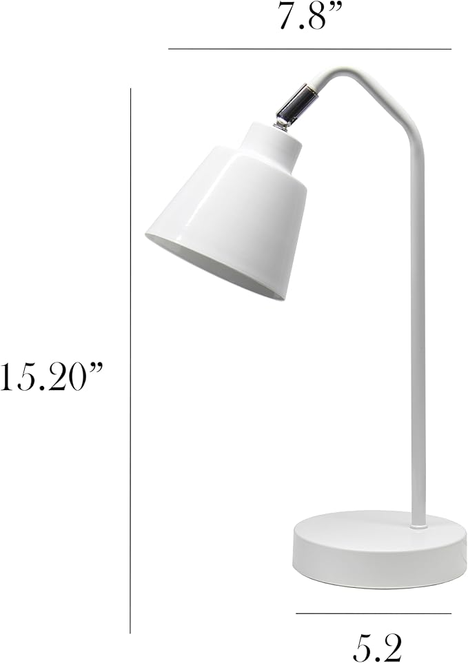 Simple Designs LD1077-WHT 16" Sleek Essentials Adjustable Metal Desk Task Lamp, for Office, Desk, Nightstand, Dorm, White