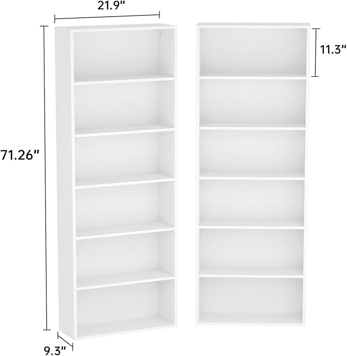 MXV Bookshelf Set of 2, 6 Tier Bookcase, Book Shelf Open Storage Organization, Floor Standing Display Bookshelves and Office Storage Stand for Living Room, Home Office, Dinning Room, White