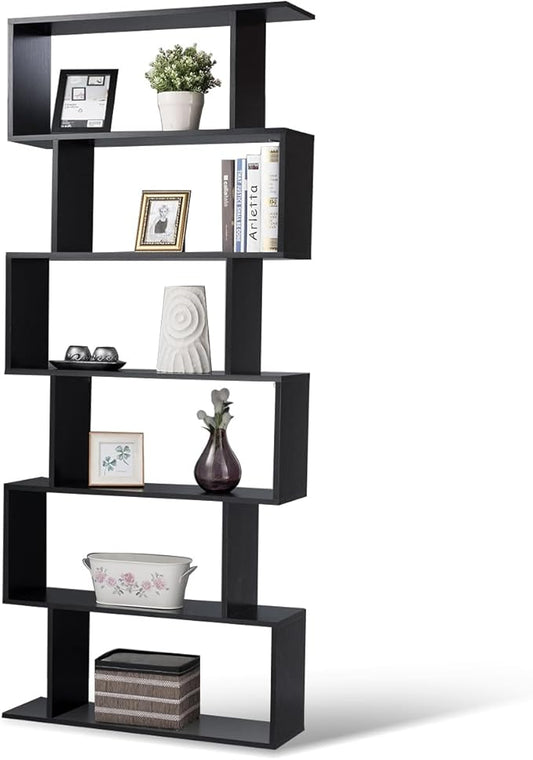 Tangkula 6-Tier Geometric Bookcase, Modern S-Shaped Storage Display Bookshelf for Living Room, Anti-Toppling Device, Home Office Wooden 6 Shelf Open Bookcase (1, Black)