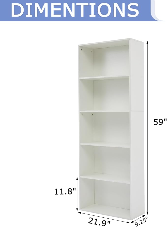 Bookshelves and Bookcases,5-Tier Open Storage Shelf, Floor Standing Display Storage Shelves for Home Office, Living Room, Bedroom, White