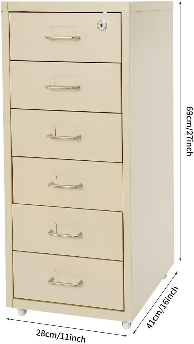 6 Tiers Metal File Cabinet with 6 Drawers Vertical Filing Cabinet with Lock & Wheels Freestanding Locking Storage Cabinet for Home Office, 11 * 16 * 27in (Beige)
