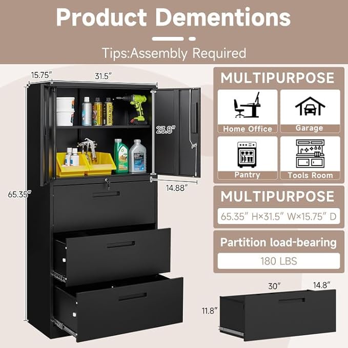 Metal File Cabinets, Lateral Filing Cabinet with 3 Drawers, 65" H File Caninet for Home Office, Office Storage Caninets with Adjustable Shelves for Letter/Legal / A4 - Assembly Required