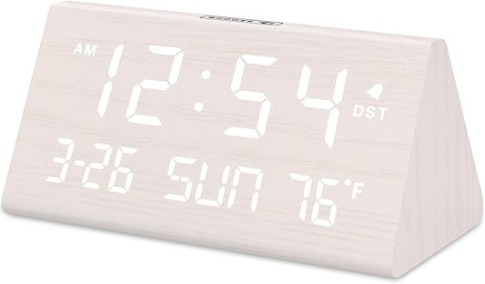 DreamSky Digital Alarm Clocks for Bedrooms - Wooden Desk Clock with Date, Day of Week, USB Port, Temperature, Dimmer for Bedside Table, Living Room, Office, Adjustable Volume, Auto DST, Wood Decor