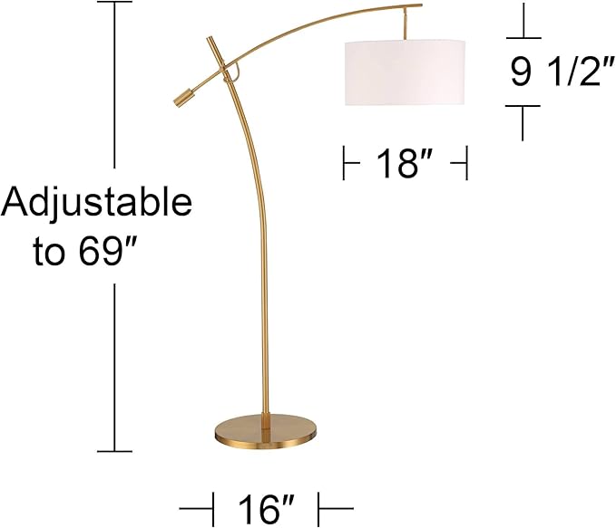 Possini Euro Design Raymond Modern Arc Floor Lamp 69" Tall Warm Gold Metal Adjustable Boom Arm White Linen Drum Shade Decor for Living Room Reading House Bedroom Home Office House