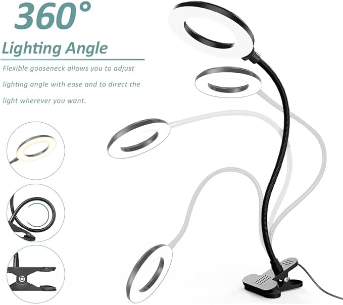 LED Desk Lamp with Clamp, Eye-Caring Reading Light with 3 Color Modes 10 Brightness, Flexible Gooseneck Clip On Lamp for Home Office Bed Headboard, USB Powered Dimmable Table Light