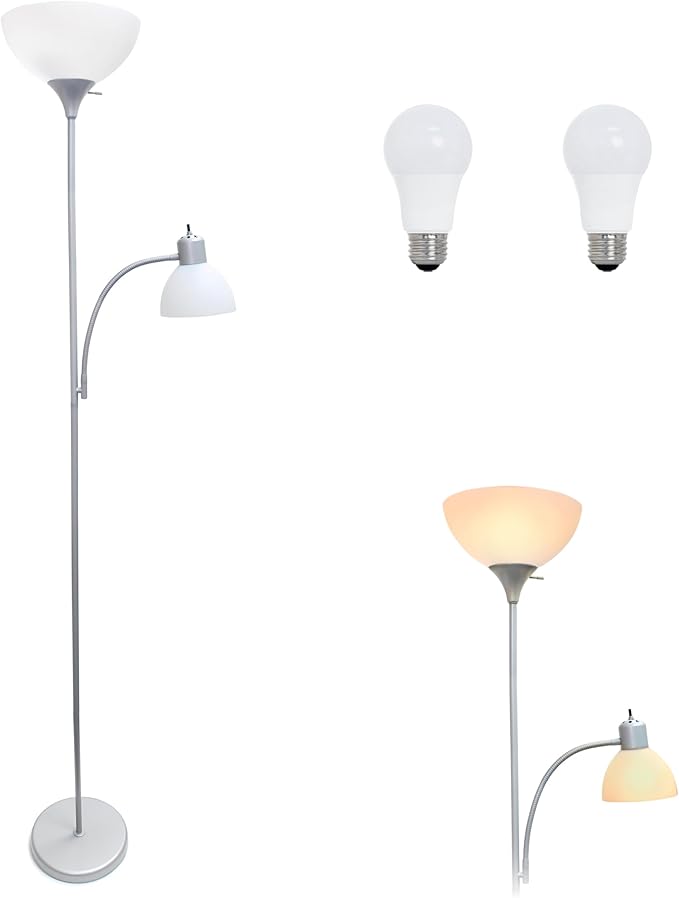 Simple Designs LF2000-SLV-LB 71.5" Traditional Floor Lamp with Adjustable Reading Light, LED Bulbs Included, Silver