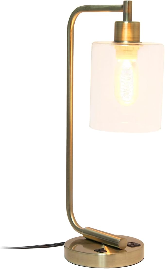 Simple Designs LD1066-RGD Bronson Antique Style Industrial Iron Lantern Desk Bedside Table Lamp with Dual 2 USB Charging Ports and Glass Shade, Rose Gold