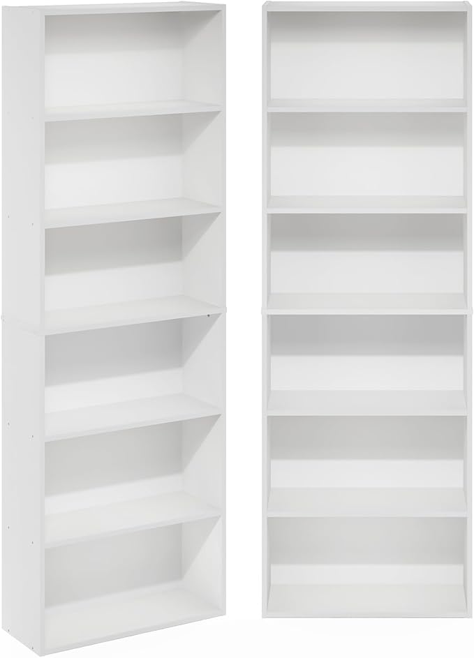 Furinno Jaya Book Shelf Set of 2, 6-Tier Bookshelf, Bookcase, 9.5 x 24.6 x 71, for Home Office, Living Room, White