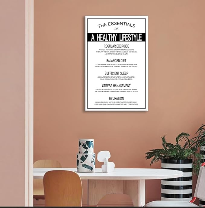 WYJDFART The Essentials of A Healthy Lifestyle&Helpful For Mental Health Motivational Wall Decor for Gym Home Office Classroom Printed Canvas Poster Framed Ready to Hang [12" W X 18" H]