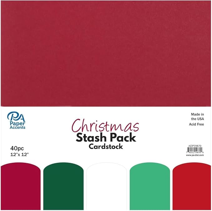 PA Paper Accents Stash Pack Cardstock Pack 12" x 12" Christmas colored cardstock paper for card making, scrapbooking, printing, quilling and crafts, 65lb., 40 pieces