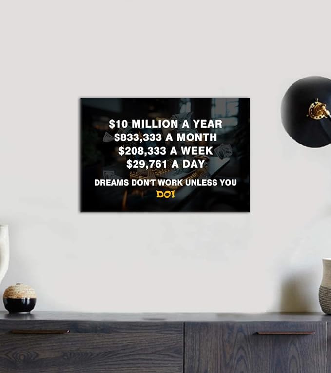 Motivational Financial Canvas Wall Art 10 Million Dollars a Year Inspirational Poster Money Dreams Entrepreneur Motivation Prints Wall Decor for Office Living Room Bedroom Easy to Hand 12x16inch