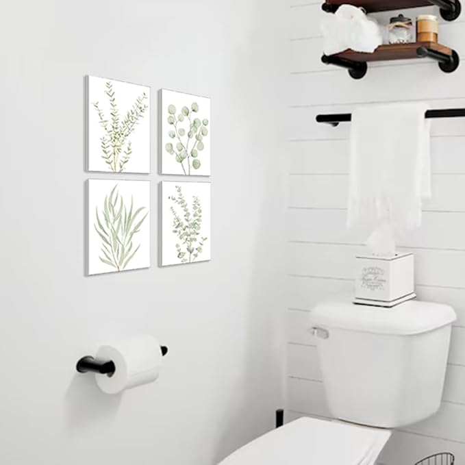 Erctoo Botanical Plant Canvas Wall Art, Framed Boho Wall Decor for Bathroom, Minimalist Aesthetic Bedroom Wall Art, Sage Green Eucalyptus Leaf Prints for Office, Set of 4PCS, 8”X10”