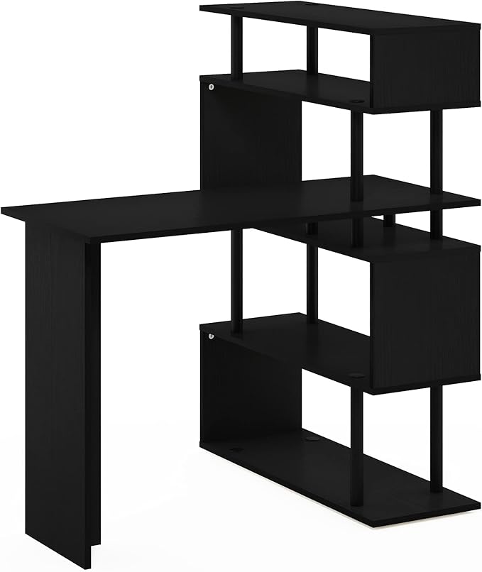 Furinno Classic Desk, 40" Wide L-Shape Gaming Desk, Computer Desk, Writing Desk with 5-Tier S-Shaped Side Shelves for Home Office, Study Room, Dorm, Bedroom, Americano
