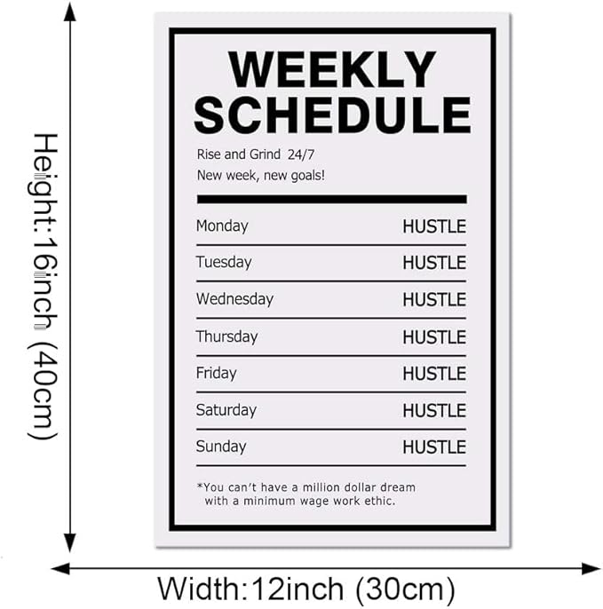 Hustle Weekly Schedule Inspirational Canvas Wall Art Motivational Painting Rise Grind Pictures Success Inspiring Entrepreneur Quote Posters Prints Artwork Decor for Home Office Framed (12”Wx16”H)