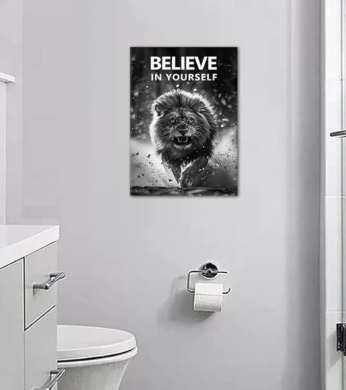 Black & White Motivational Lion Canvas Wall Art BELIEVE IN YOURSELF Inspirational Poster Fierce Wild Animal Prints Wall Decor for Office Gym Living Room Bedroom Decoration Easy to Hand 12x16inch