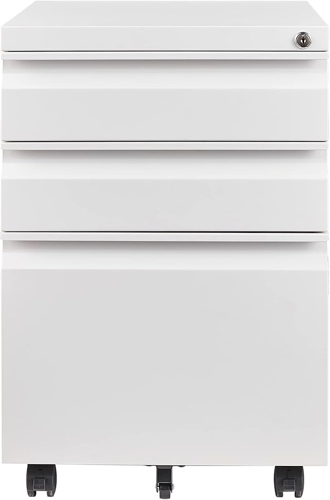 3 Drawer File Cabinet with Lock, Steel Mobile Filing Cabinet on Anti-tilt Wheels, Rolling Locking Office Cabinets Under Desk for Legal/Letter Size (White)