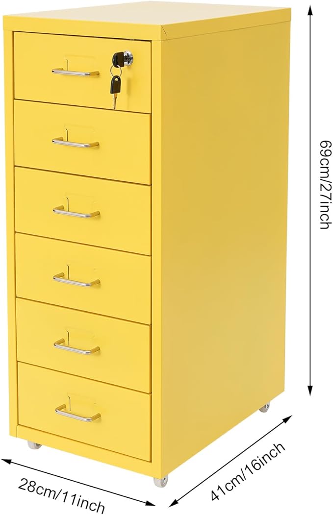 6-Drawer Metal File Cabinet, Metal Filing Storage Vertical Cabinets with Lock Home Office Filing Cabinets for Organization Hanging Letter/Legal/F4/A4 (Yellow)