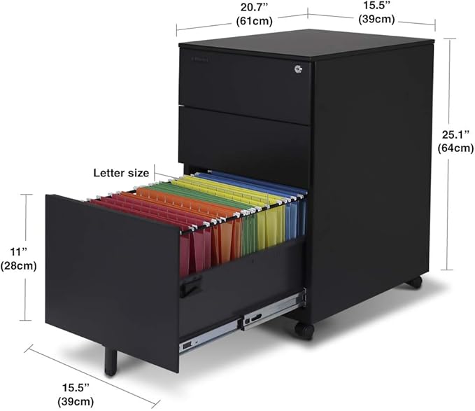 Aurora FC-103BK Modern SOHO Design 3-Drawer Metal Mobile File Cabinet with Lock Key Sliding Drawer, Fully Assembled, Black