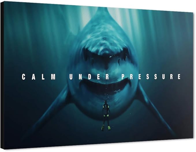Life Office Motivational Poster Wall Art Calm Under Pressure Shark Seascape Explore Picture Oil Painting on Canvas Wood Framed Modern Gallery Art Living Bedroom Home Office Wall Decor-36''Wx24''H