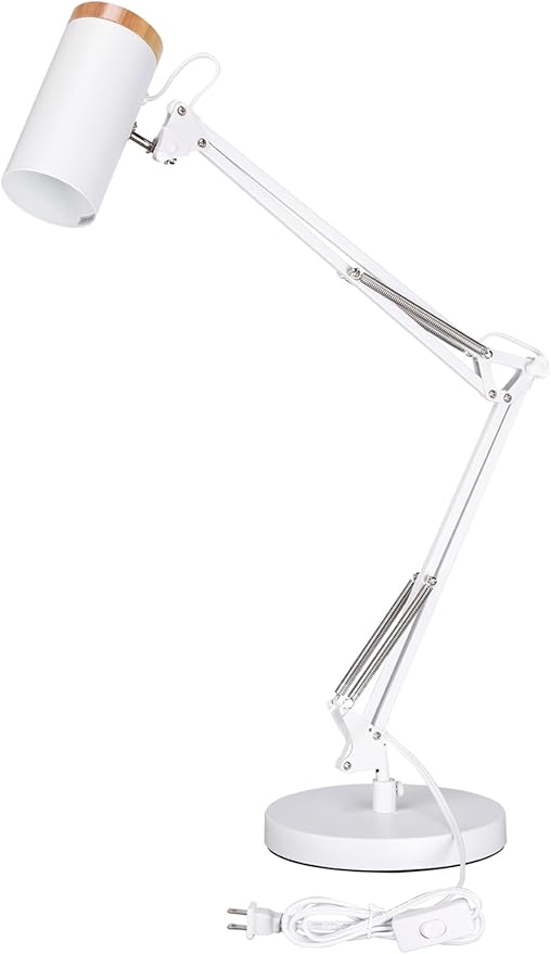 TORCHSTAR Tall Swing Arm Desk Lamp with Wooden Accent, Adjustable Large Size Max Height 31", E26 Base Metal Task Lamp, Office Desktop Lamp with On/Off Switch, for Reading, Study, Workbench, White