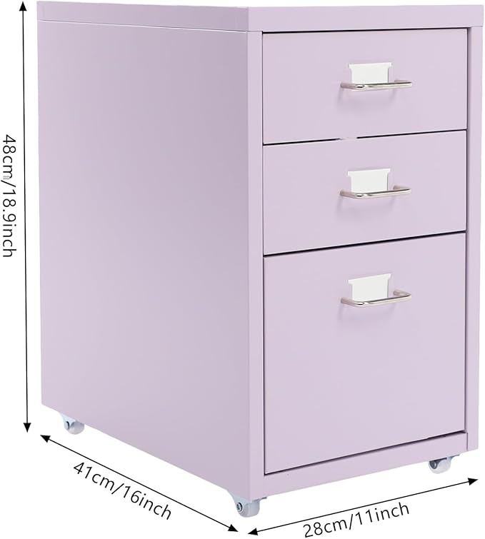 3 Drawer Mobile File Cabinet, Under Desk Metal Filing Cabinet with Wheels, Rolling Storage Organizer for Home Office - Purple