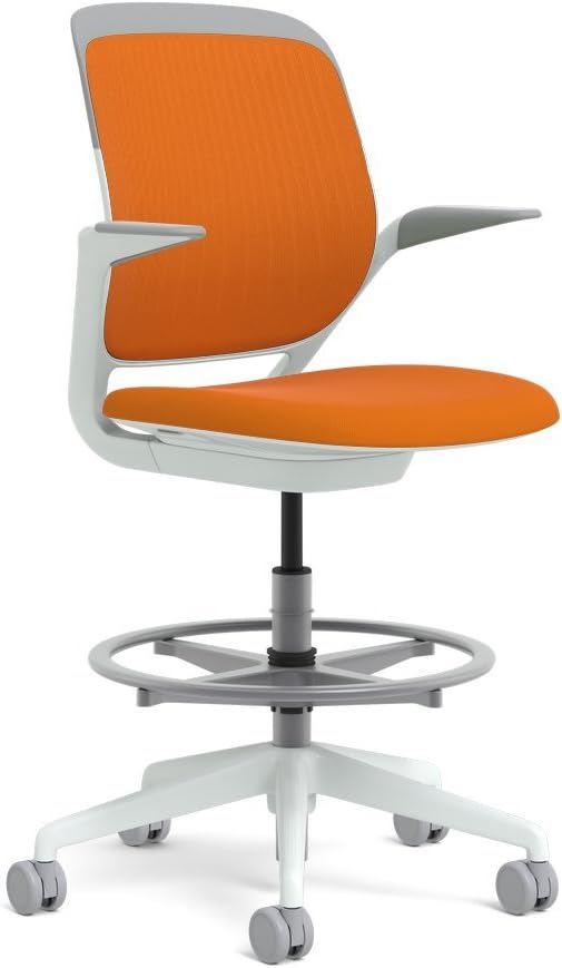 Steelcase White Base with Hard Floor Casters Cobi Stool, Tangerine