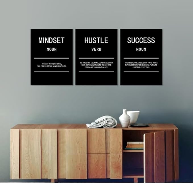 Mindset Hustle Success Inspirational Canvas Wall Art Office 3 Panel Print Motivational Poster Painting Modern Inspiring Artwork for Home Living Room BedRoom Gym Decor Ready to Hang [36''Wx 16''H]