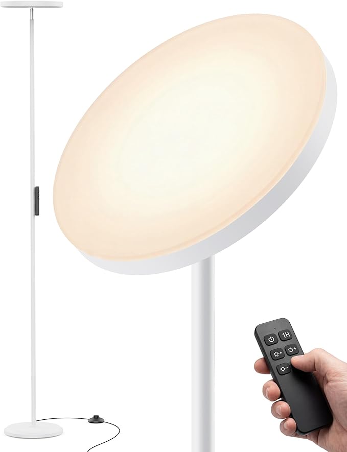 LED Floor Lamps, 2800Lm Standing Lamp Remote & Foot Switch with 1H Timer, 2700-6500K Stepless Dimmable Modern Pole Light for Bedroom, Office, Reading, White