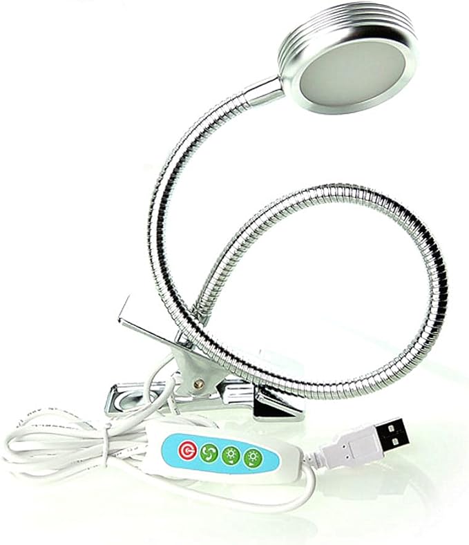 QUANS Dimmable Clip on Clamp LED Gooseneck Desk Light Lamp, Clip-on 3 Color Changeable Reading Lights, C-Clamp Nightlight, USB Port, 3 Color Temperature, Silver