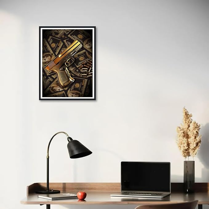 Money Wall Art Real 100 Bill Dollar Poster Cash Money Collection Gun Motivational Canvas Print Wall Decor for Office Home Living Room Decor Ready to Hang 12x16inch