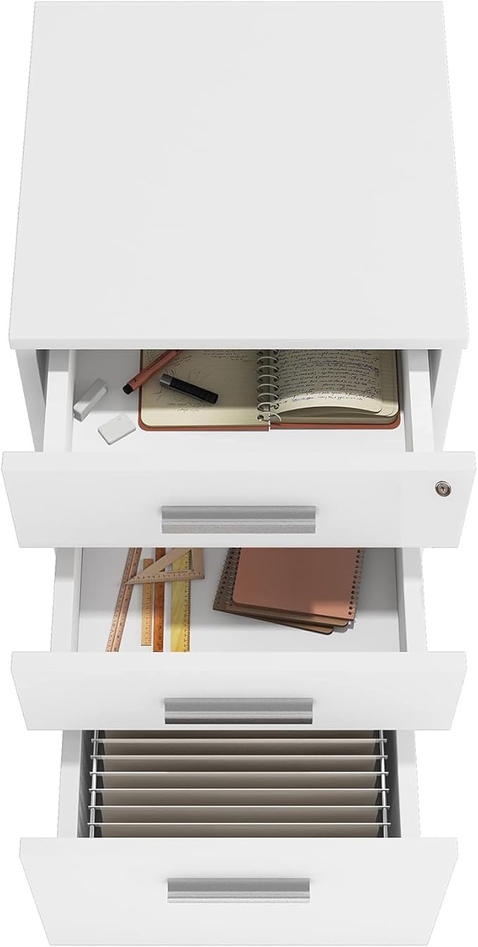 Lateral Filing Cabinet with Lock, 360 Degree Casters, Large Capacity Spacious Desktop & Heightening Design, File Cabinet 3 Drawer Rolling Office Bookcase for Home, Office White