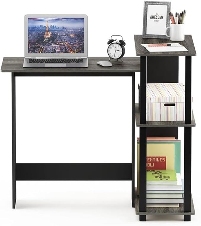 Furinno Abbott Corner Computer Desk with Bookshelf, French Oak Grey/Black