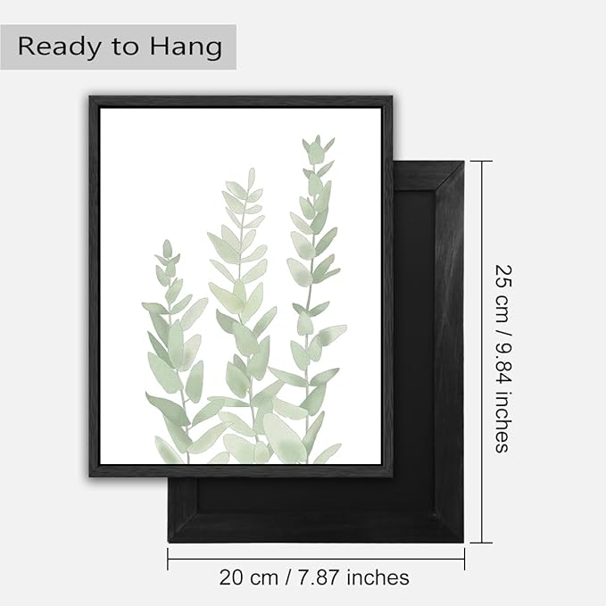 Drsoum Framed Botanical Plant Canvas Wood Wall Art Light Green Sage Wall Decor Eucalyptus Leaf Picture for Home 8”x 10” x 4pcs Black Framed