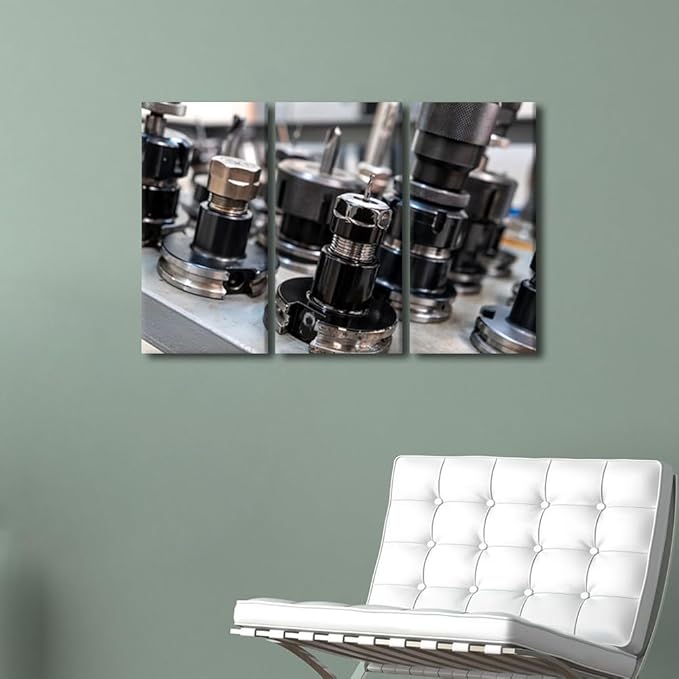 TUMOVO Art Work for Home Walls Machine Drill Bits Canvas Painting Wall Art 3 Panel Wall Art Canvas Frame Art Prints Machine Tools Room Decor Poster Home Decor Artwork Wall Hanging, 36x24 Inch