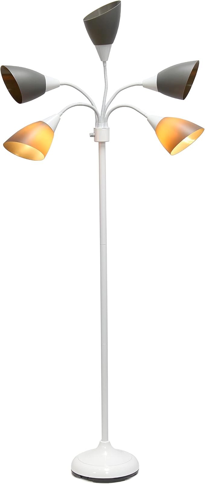 Simple Designs LF2006-GOW 67" Contemporary Multi Head Medusa 5 Light Adjustable Gooseneck White Floor Lamp with Gray Shades for Kids Bedroom Playroom Living Room Office
