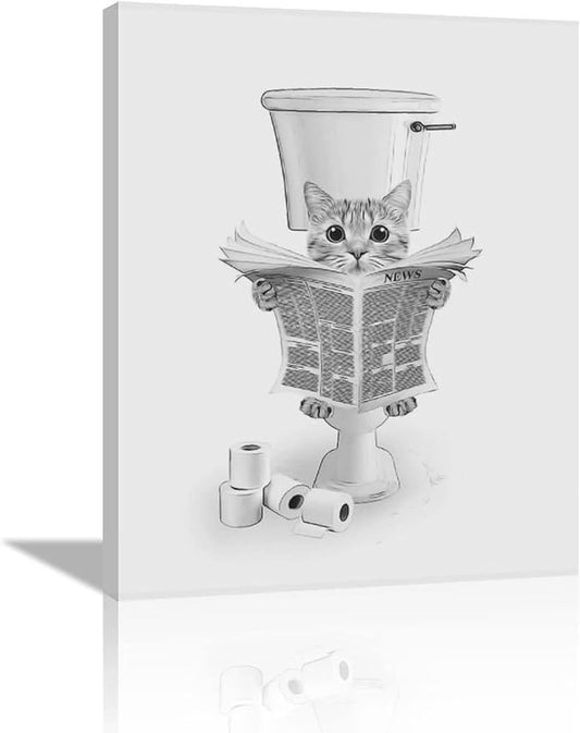 yerretin Funny Cat Bathroom Wall Art Black and White Cat Pictures Wall Decor Animal Bathroom Canvas Painting Modern Artwork Home Decorations Framed Ready to Hang 16"x20"