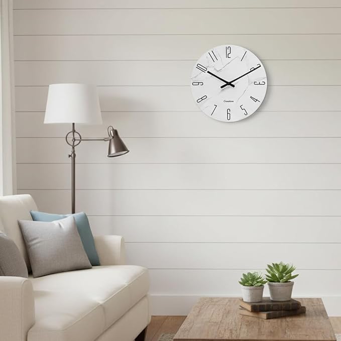 16 Inch Wall Clock White Marble Grain - Battery Operated Silent Modern Farmhouse Decor Quartz Round Analog Clock for Kitchen, Bathroom, Living Room