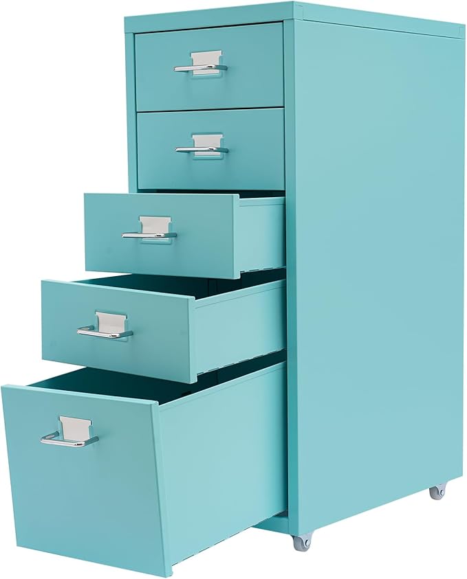 Metal File Storage Cabinet, 5 Drawer Vertical Filing Cabinets with Wheels Under Desk Storage Drawers, 11 * 16.1 * 27.1in Mobile File Cabinets Under Desk Cabinet for Bedroom, Office (Blue)