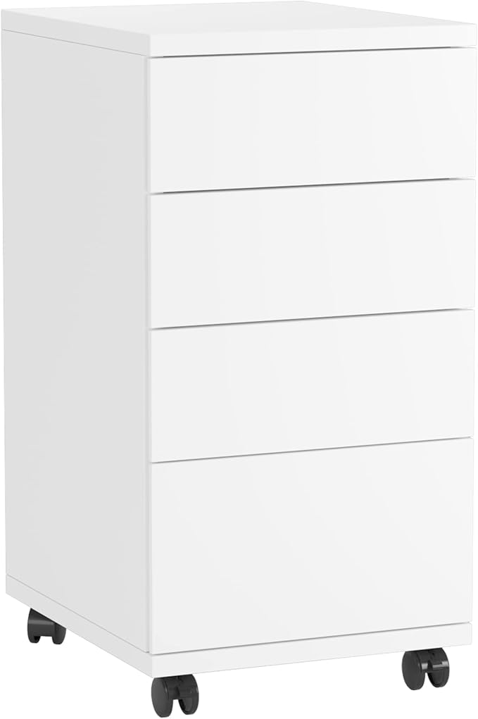 TTVIEW 4-Drawer Chest, Mobile Wood Storage File Cabinet, Filing Cabinet with Wheels, Rolling Pedestal Under Desk White 12.9x15.3X 25 in