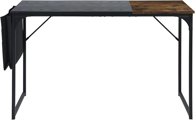 Homy Casa Inc Computer Desk 47 inch Study Writing Table with A Storage Bag Space Saving for Home Office, Modern Simple Style PC Desk, Black Metal Frame, Black & Brown Table Top